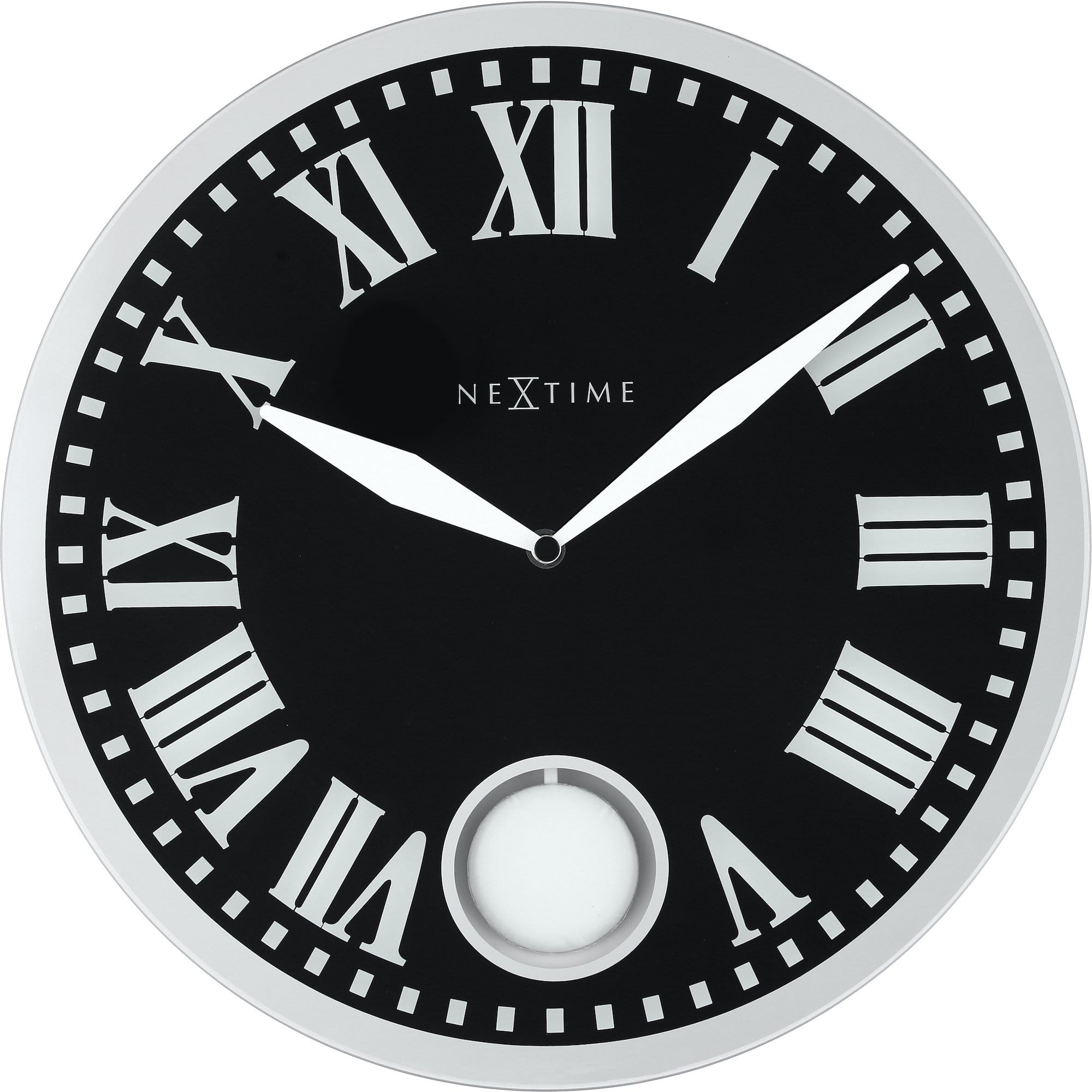 NeXtime Clocks Romana wall clock, 43x4.2 cm with glass face, modern design, black hour and minute hands, white dial.
